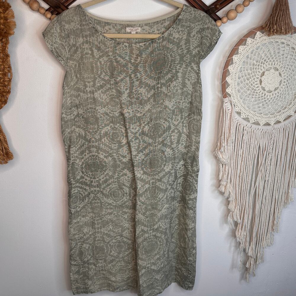 Lina Tome Green Pattern Italian Linen Dress